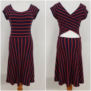 Market & Spruce Copper Knit Dress Navy Red Stripe Open Back size Small Boho